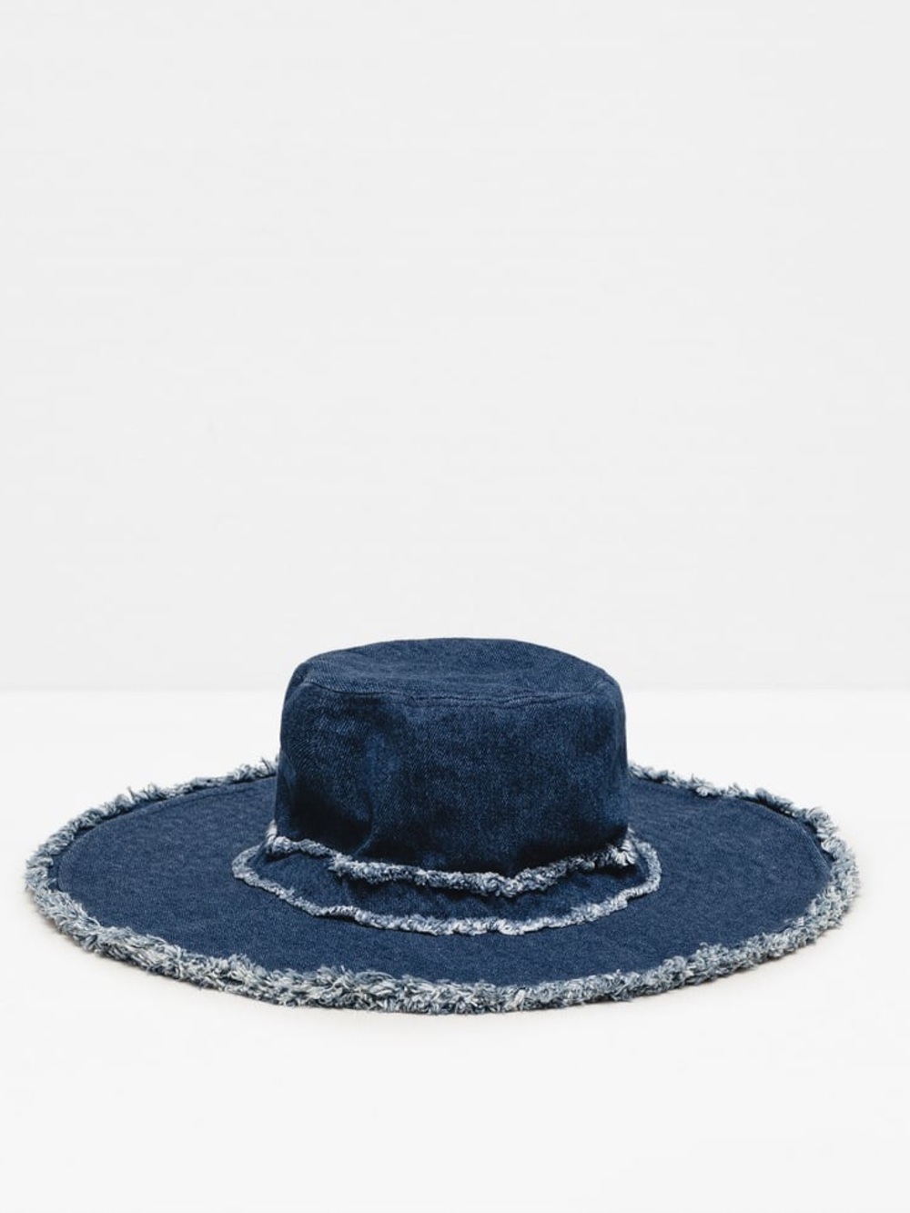 Zara Denim Wide-Brim Hat with Frayed Trim - Navy